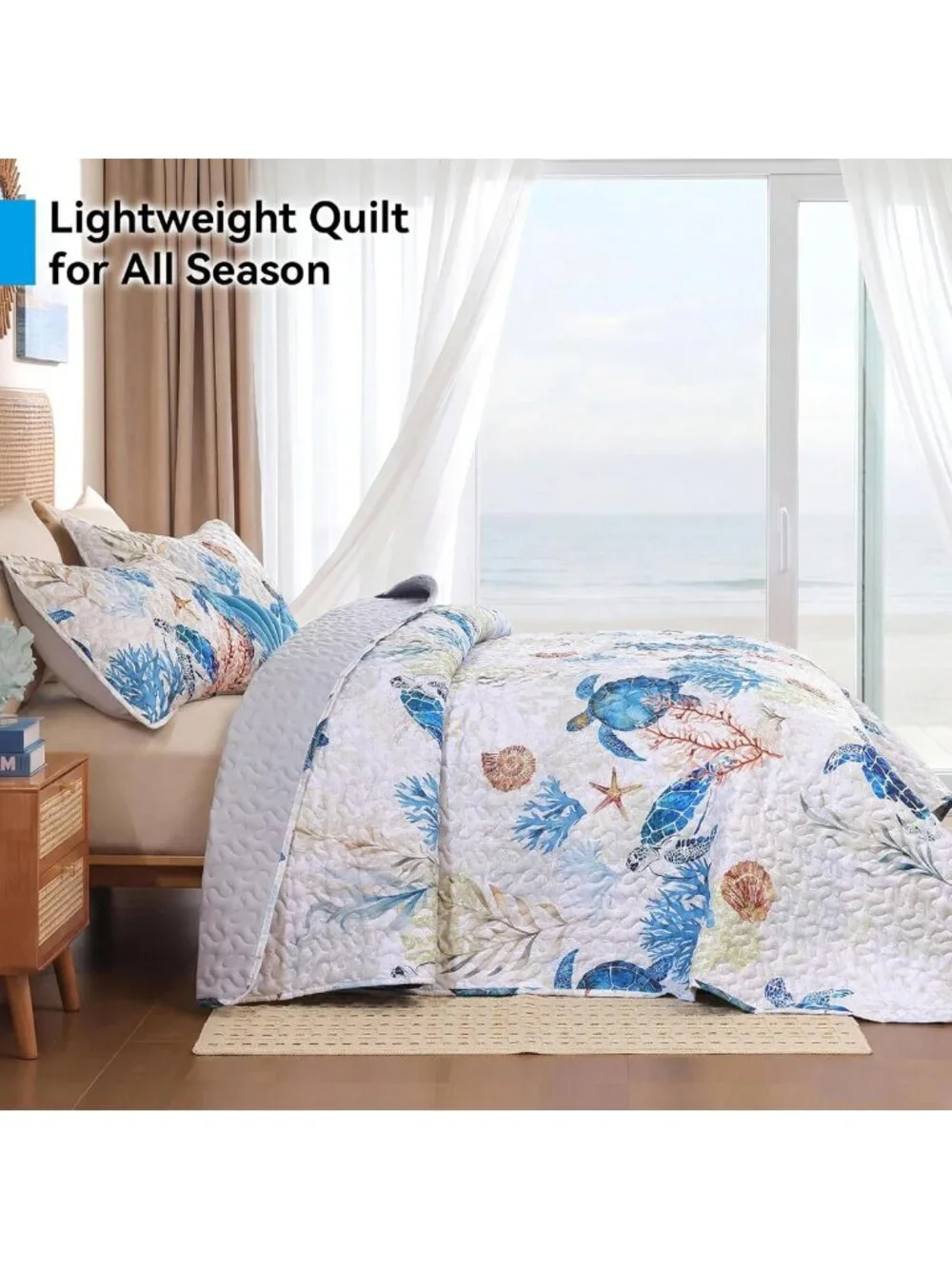 Coastal Sea Turtle King Quilt Set, Lightweight Summer Bedding, Beach House